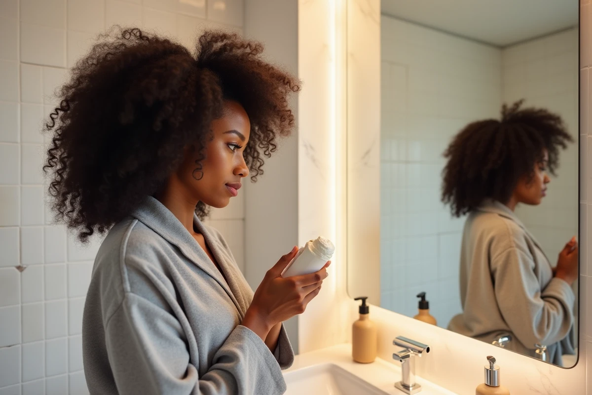 Femme aux cheveux bouclés 3C appliquant un soin Olaplex dans une salle de bain moderne