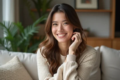 Femme souriante aux cheveux revitalises en intérieur