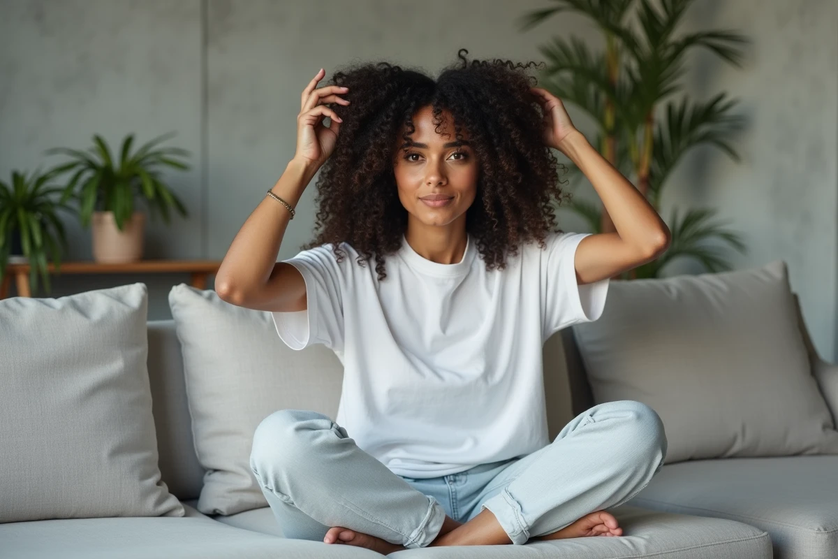 Femme aux cheveux ondulés 2C appliquant un traitement Olaplex sur cheveux humides dans un salon minimaliste