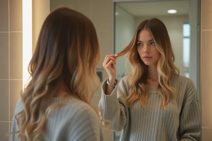 Femme regardant ses cheveux en miroir avec style naturel