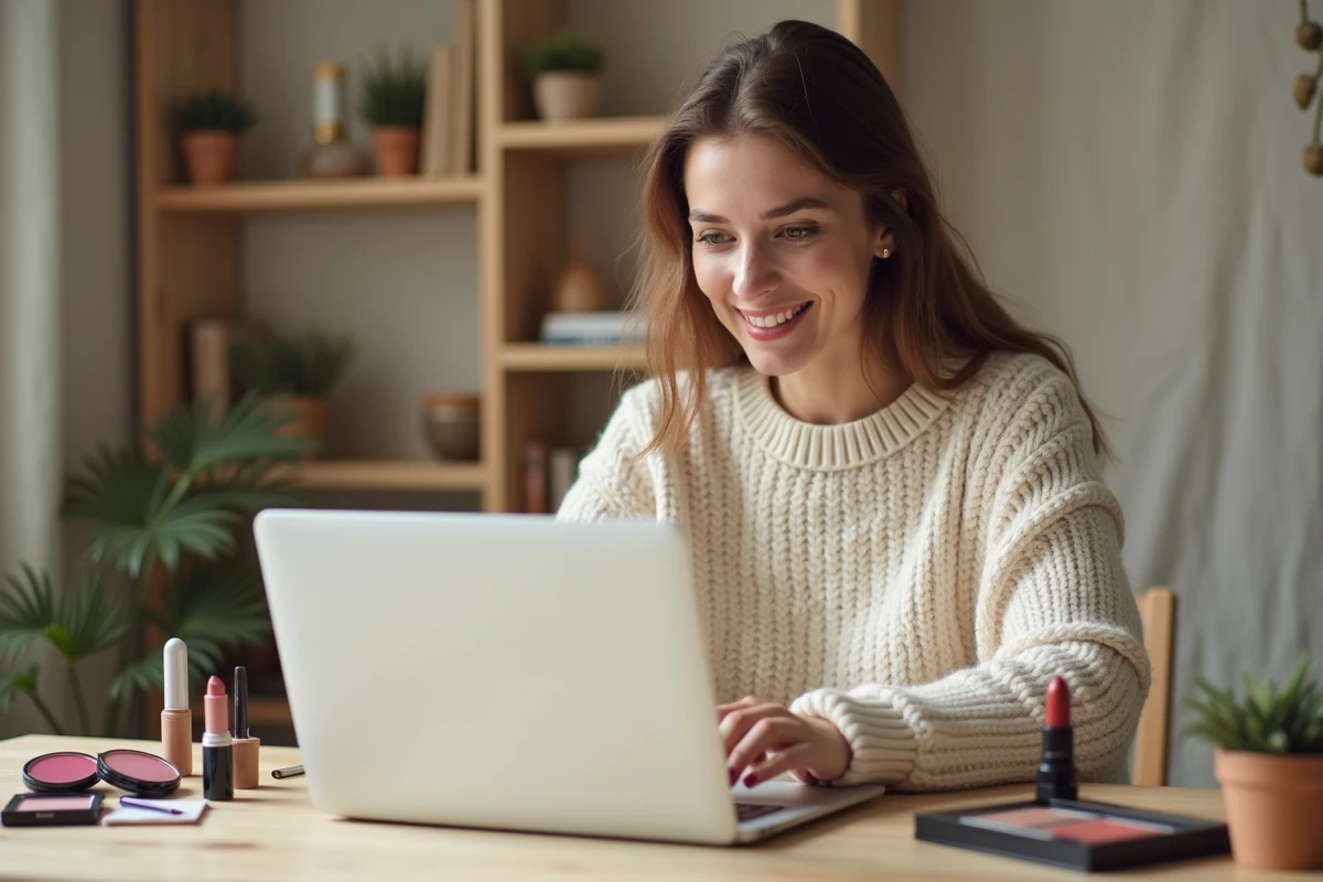 Jeune femme découvrant des codes promo maquillage pas cher sur son ordinateur portable entourée de produits de beauté abordables