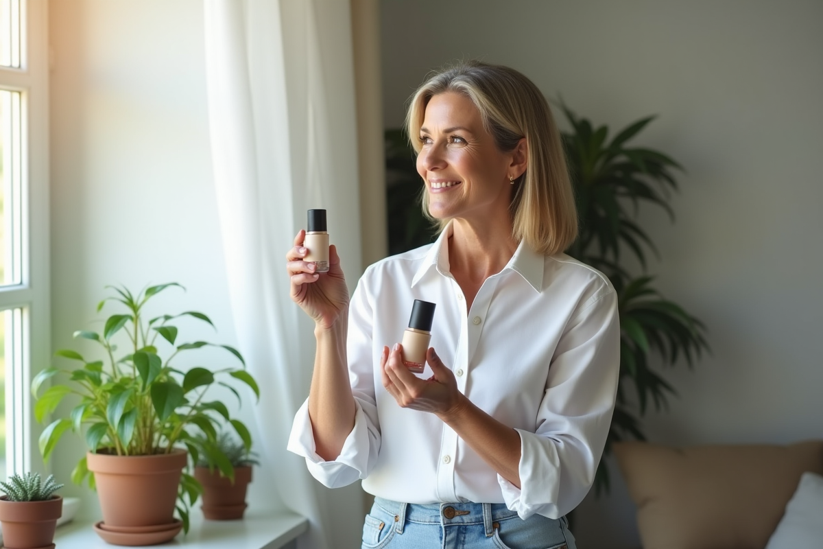 Femme d age moyen comparant deux bases de maquillage
