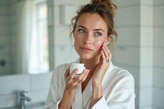 Femme appliquant une crème apaisante sur une peau sensible avec rougeurs de rosacée dans une salle de bain épurée
