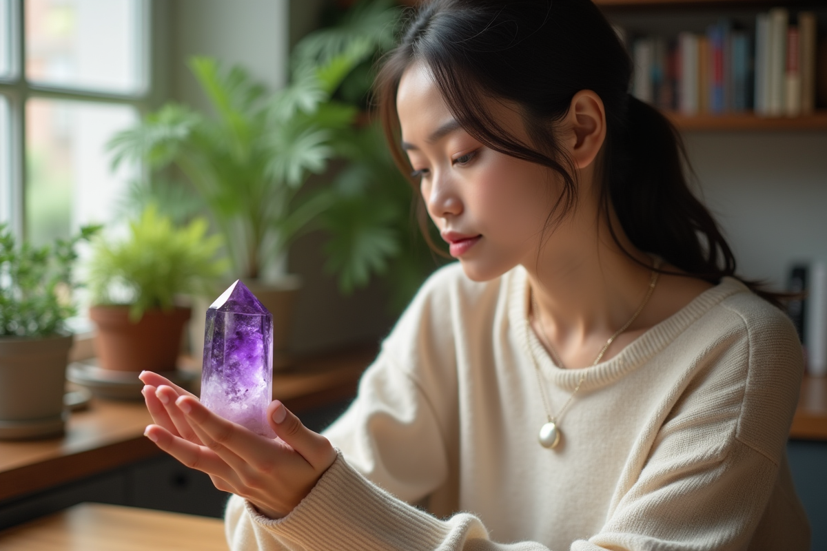 Jeune femme tenant un cristal dans la main dans un cadre cosy