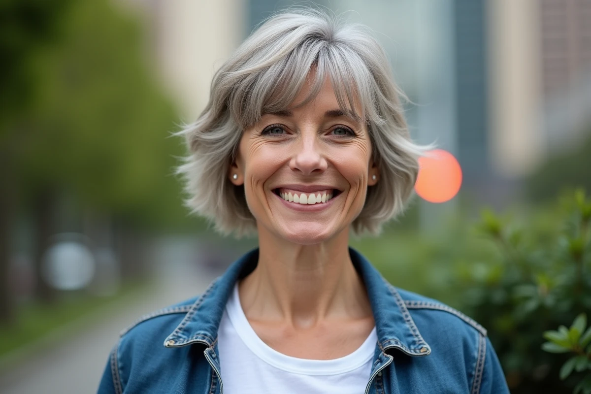 Femme souriante en extérieur près d’un parc urbain