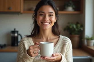 Femme souriante avec des dents blanches tenant une tasse de café dans une cuisine moderne