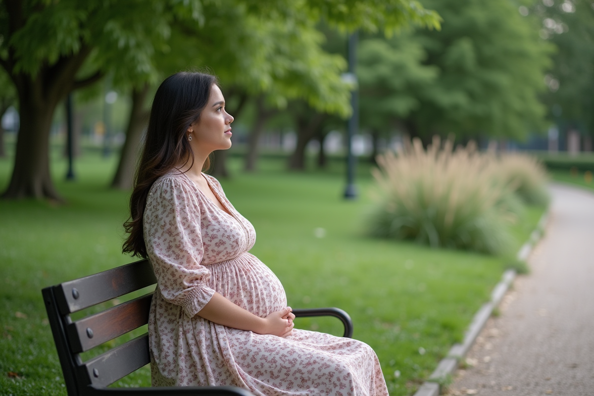 Jeune femme en robe fluide assise dans un parc verdoyant