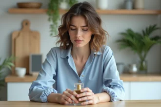 Femme réfléchie examinant un parfum dans une cuisine moderne