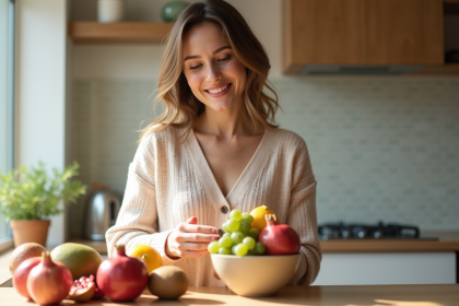 Jeune femme arrangeant des fruits frais dans une cuisine lumineuse