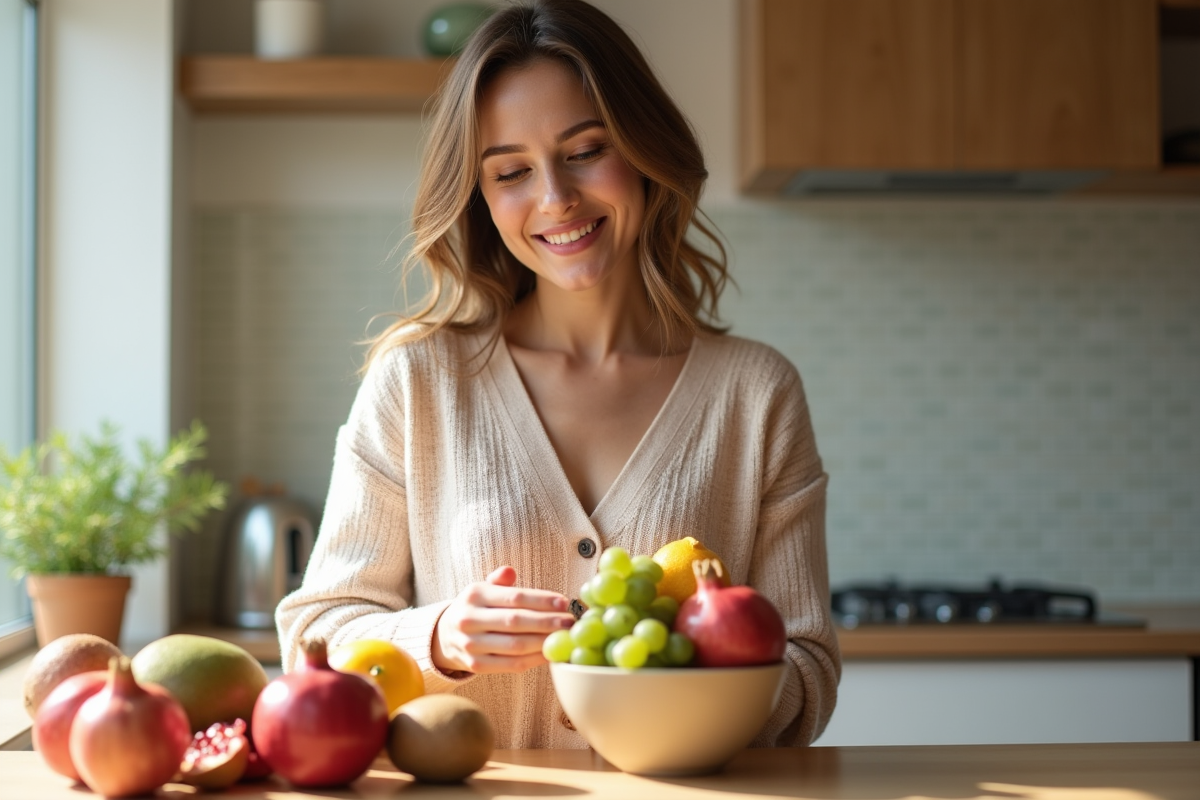 Jeune femme arrangeant des fruits frais dans une cuisine lumineuse