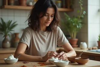 Femme appliquant de la henné sur ses racines capillaires