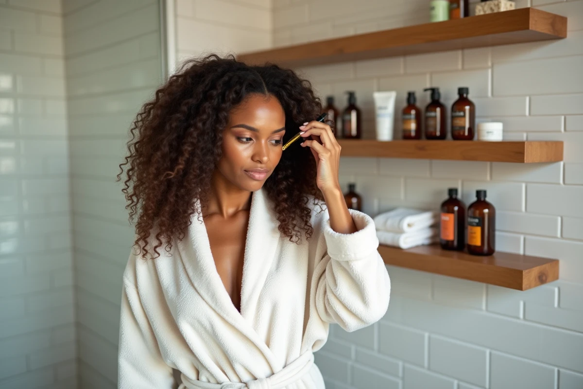 Femme aux cheveux bouclés appliquant de l'huile végétale d'argan sur ses pointes dans une salle de bain naturelle