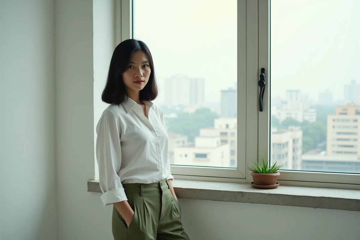 Femme indienne moderne en chemise blanche et pantalon olive près d'une fenêtre d'appartement à Mumbai, regard confiant et posture naturelle