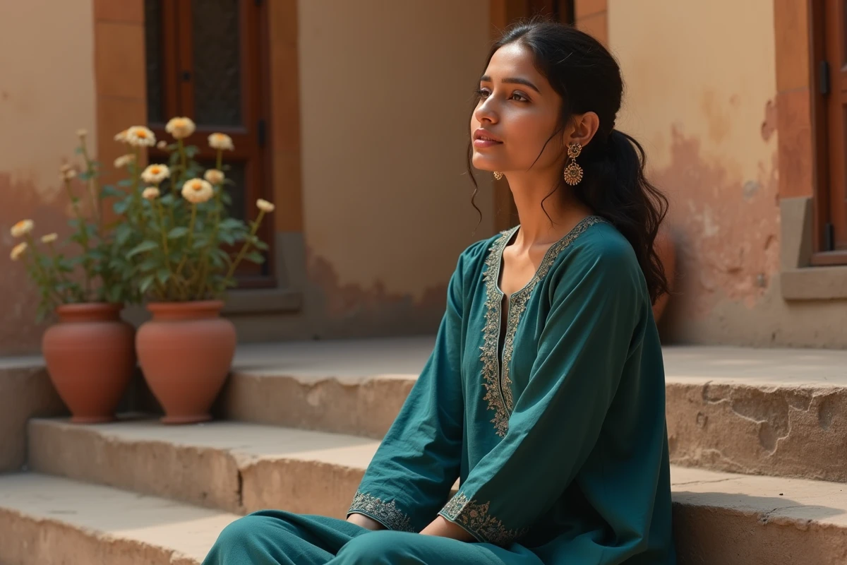 Jeune femme indienne en kurta teal assise sur les marches d'une haveli en Rajasthan, expression pensive et naturelle