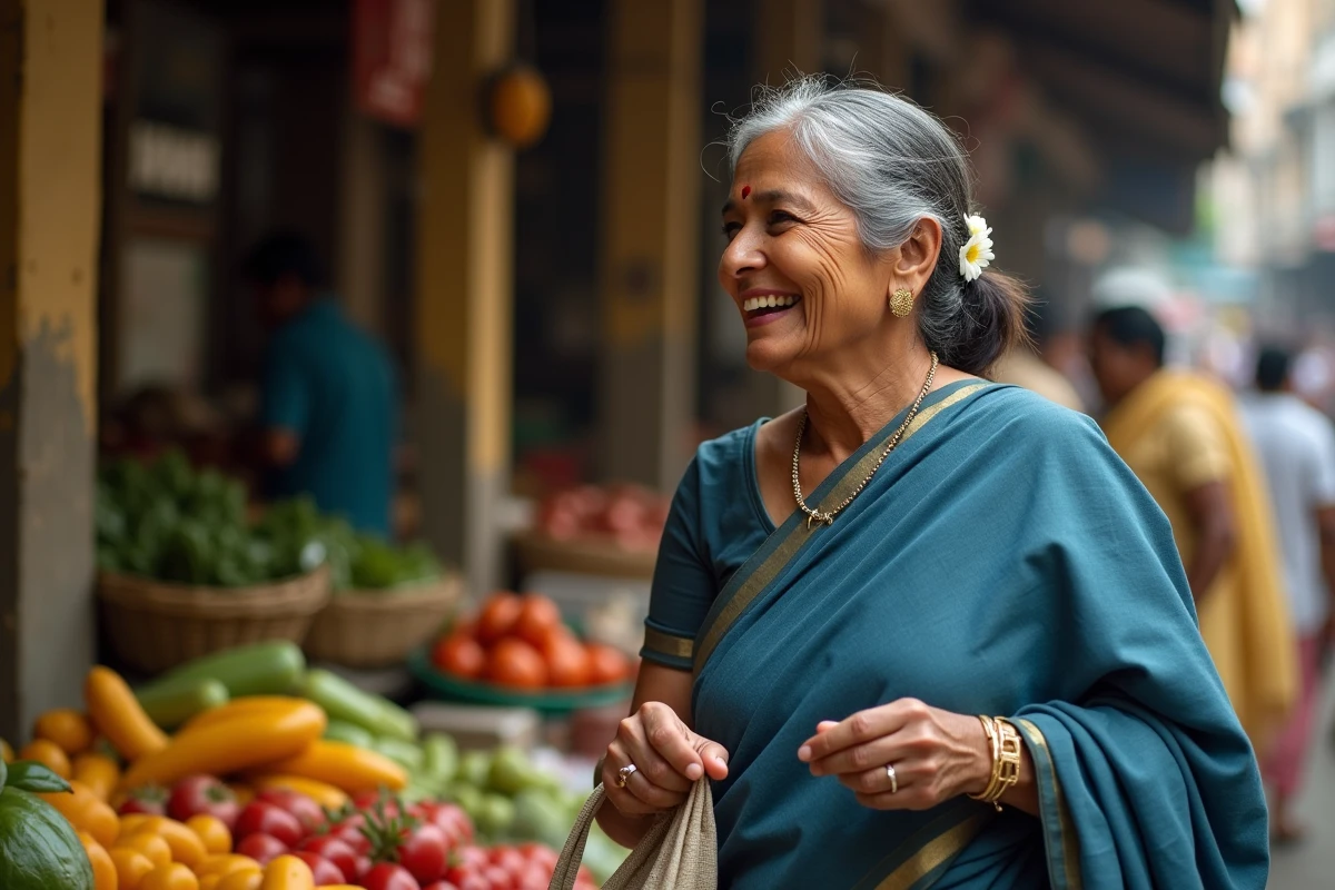 Femme indienne d'âge mûr en sari indigo au marché de Chennai, sourire authentique et cheveux grisonnants ornés de jasmin