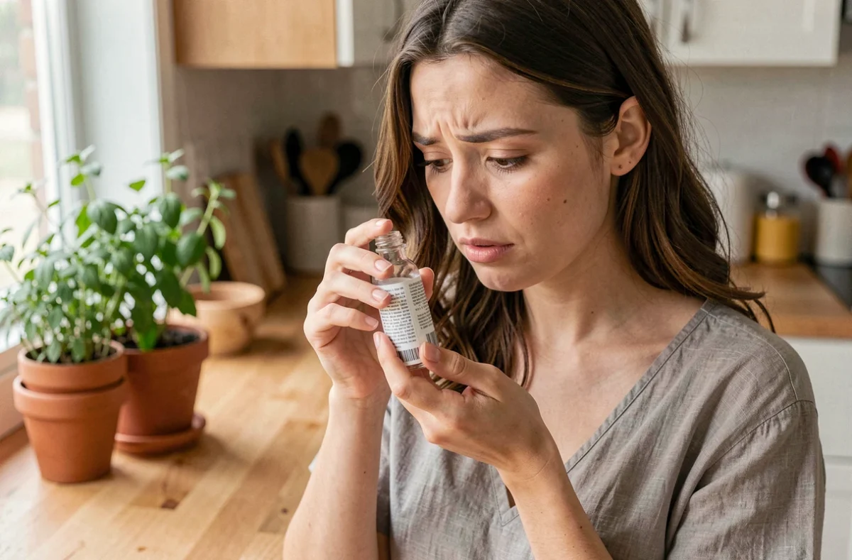 Femme lisant attentivement l'étiquette d'un produit Eau Précieuse dans une cuisine
