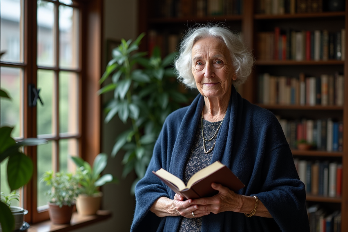 Femme âgée dans une bibliothèque chaleureuse