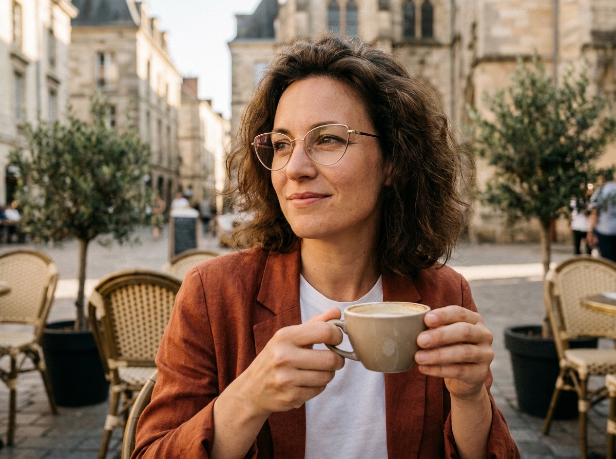 Femme aux paupières légèrement tombantes portant des lunettes cat-eye dorées en terrasse de café, regard mis en valeur par la monture remontante