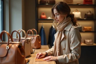 Femme élégante en trench beige et foulard regardant sacs à la boutique