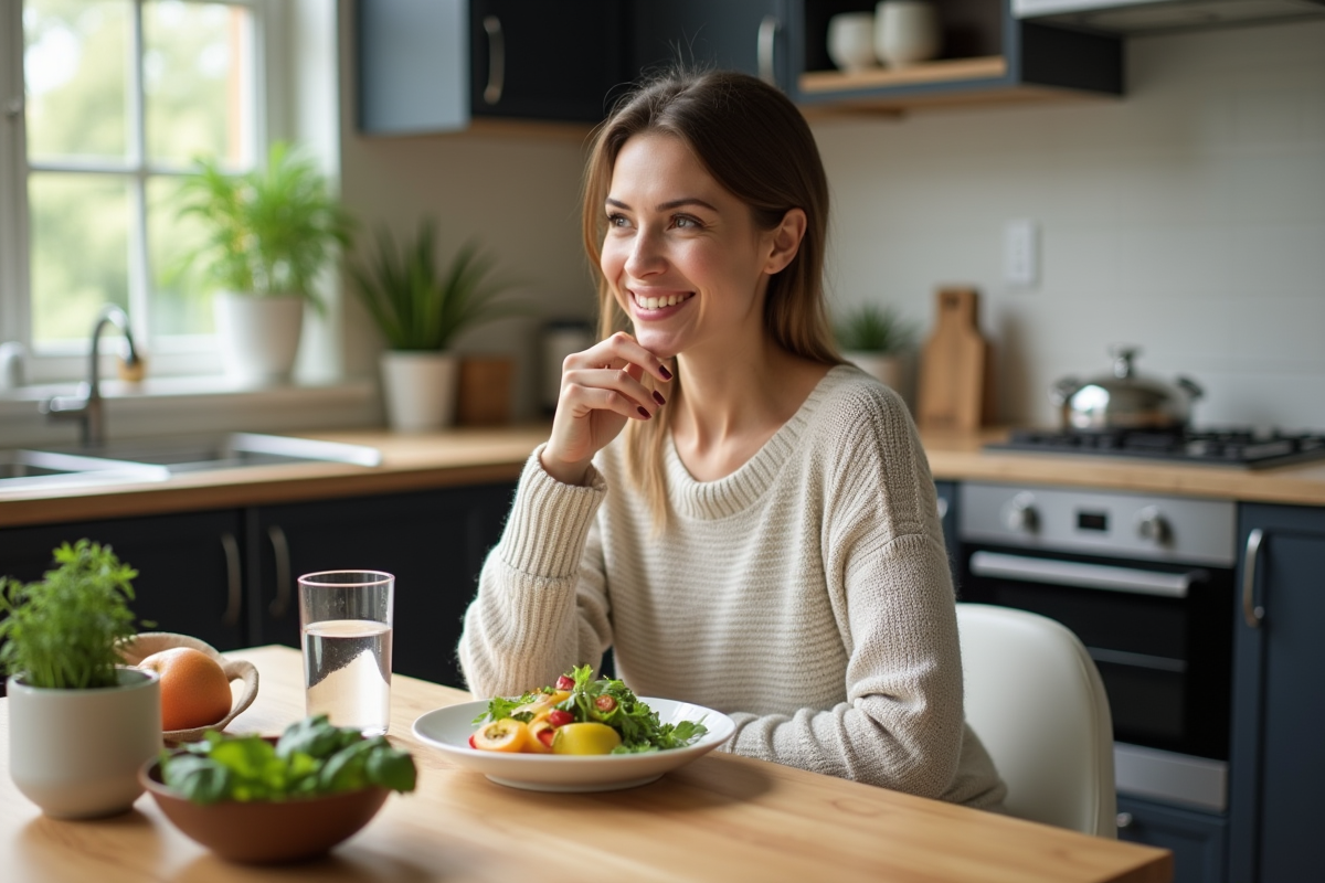 Femme souriante mangeant des légumes dans sa cuisine