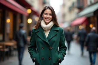 Femme élégante en manteau vert en ville