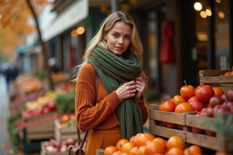 Femme élégante choisissant des écharpes d'automne à Paris