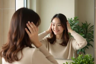 Femme se massant le cuir chevelu dans la salle de bain