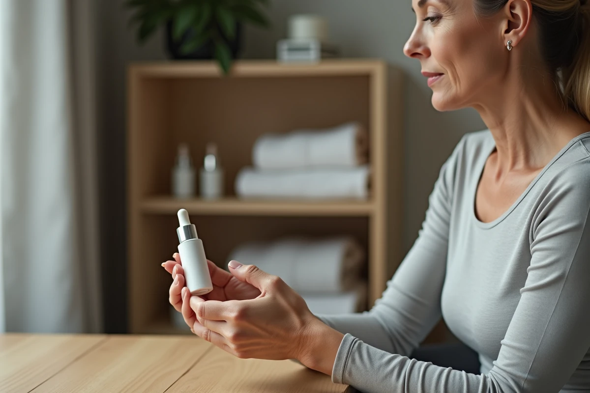 Femme mature lisant les étiquettes de sérums pour vérifier la compatibilité avec sa routine beauté