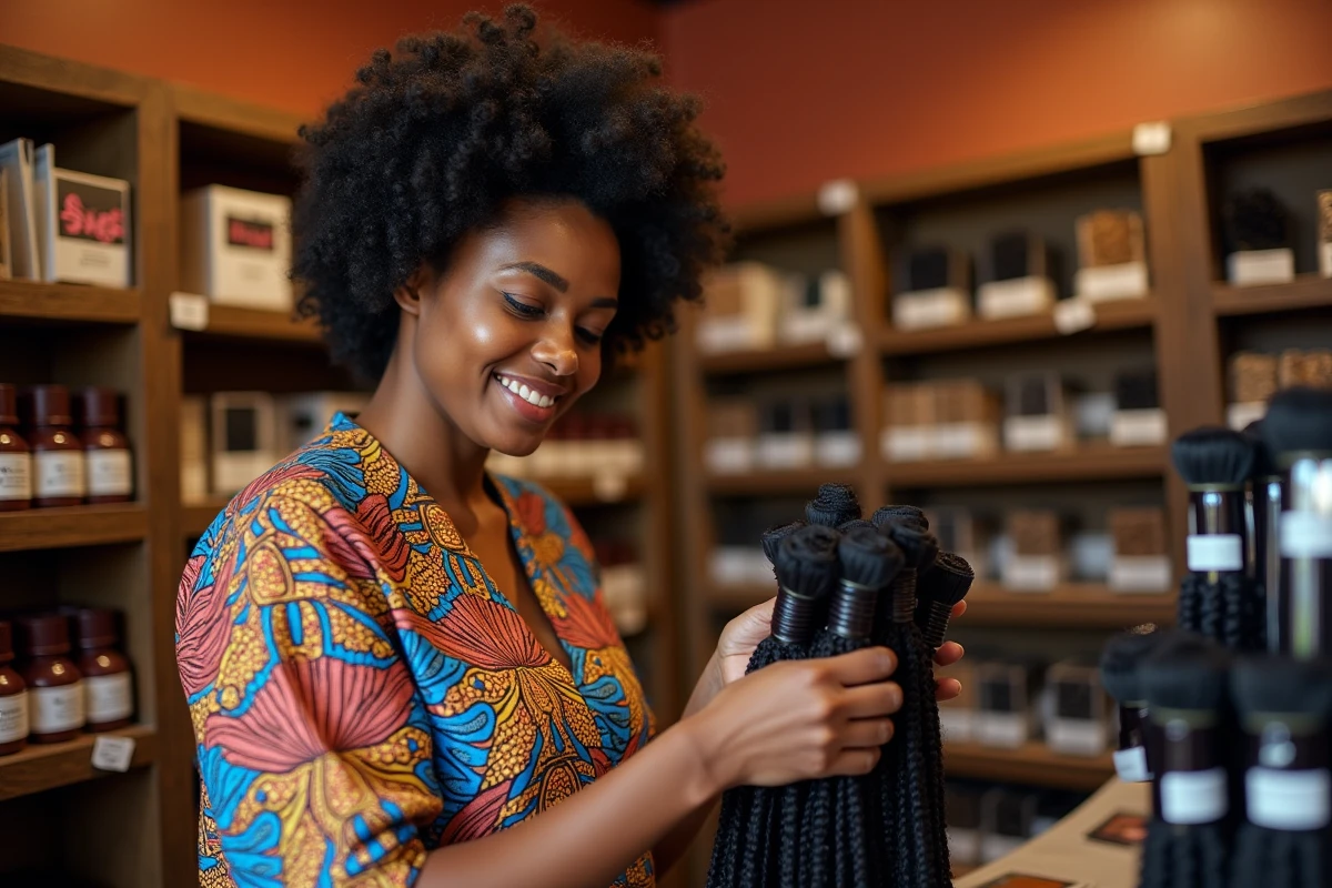 Femme aux cheveux naturels afro examinant des mèches dans un magasin spécialisé bien achalandé