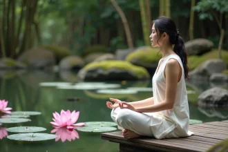 Jeune femme méditant près d'un bassin de lotus roses dans un jardin zen, symbolisant la signification spirituelle du tatouage fleur de lotus