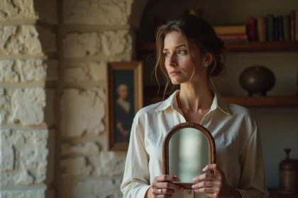Femme en lin regardant son reflet dans un miroir vintage