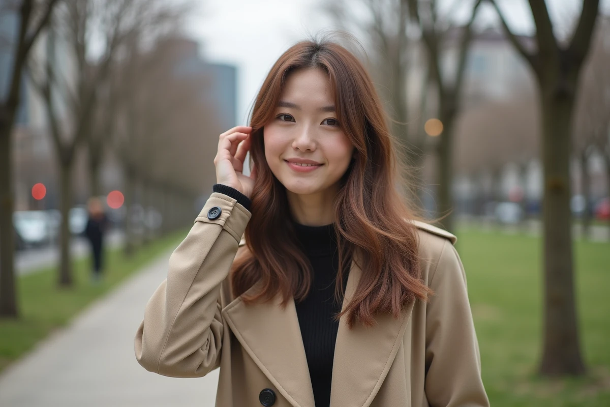 Femme avec cheveux longs dans un parc urbain au printemps