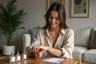 Femme testant un parfum dans un salon moderne