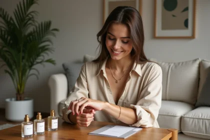 Femme testant un parfum dans un salon moderne