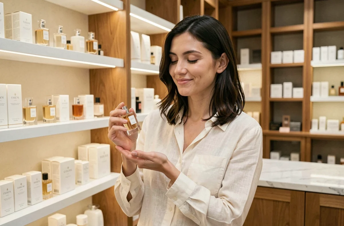 Femme testant un parfum Zara en boutique, tenant un flacon élégant près de son poignet dans un décor minimaliste blanc et bois