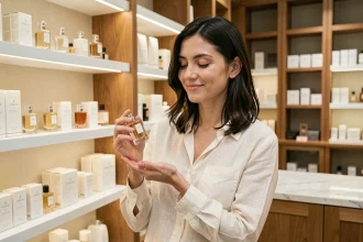 Femme testant un parfum Zara en boutique, tenant un flacon élégant près de son poignet dans un décor minimaliste blanc et bois