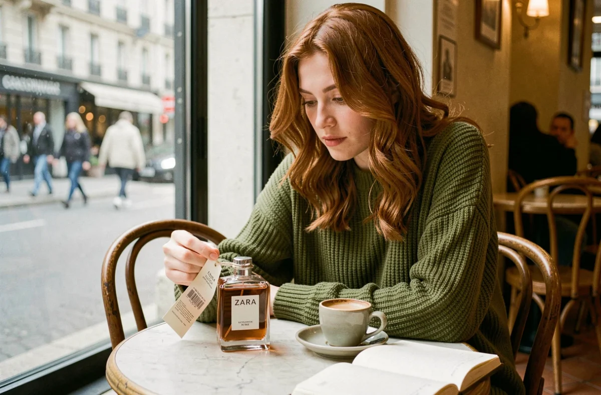 Jeune femme examinant le prix d'un parfum Zara dans un café parisien, flacon posé sur une table ronde en bois