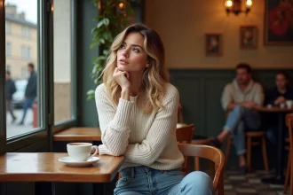 Femme élégante dans un café parisien cosy