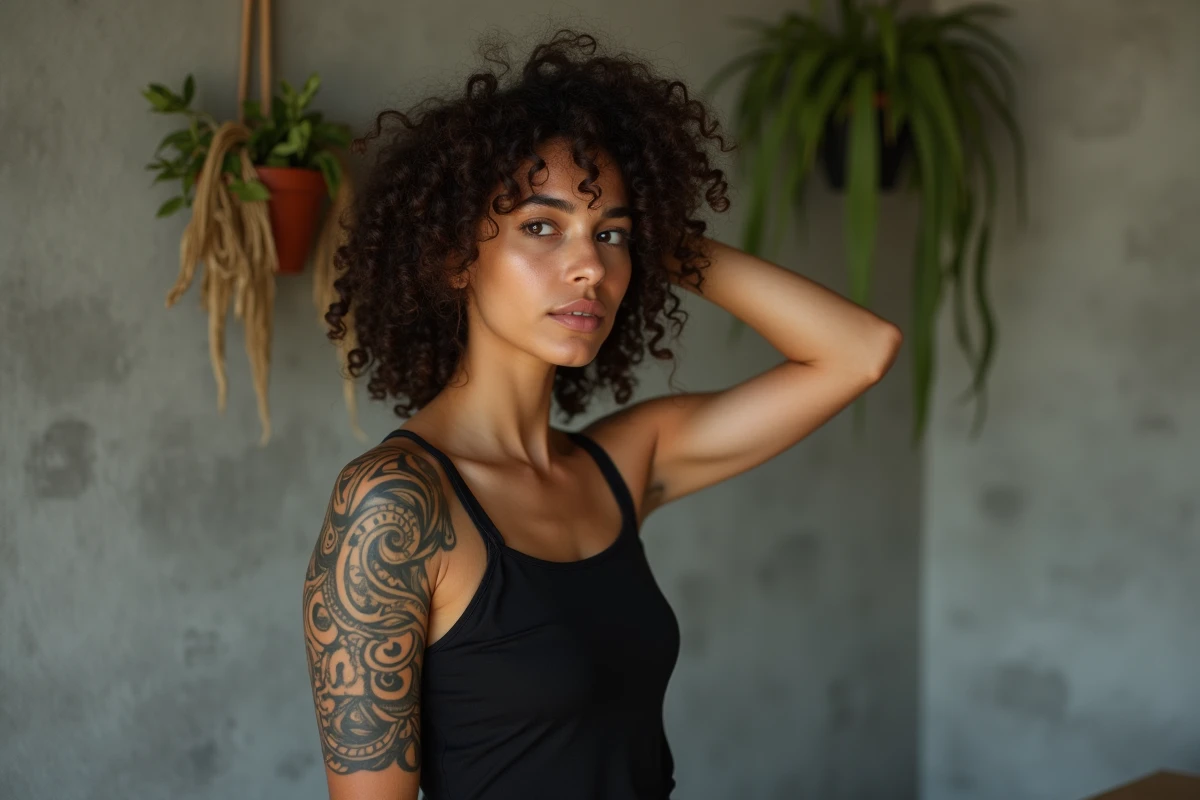 Femme avec tatouage tribal sur le bras en intérieur calme