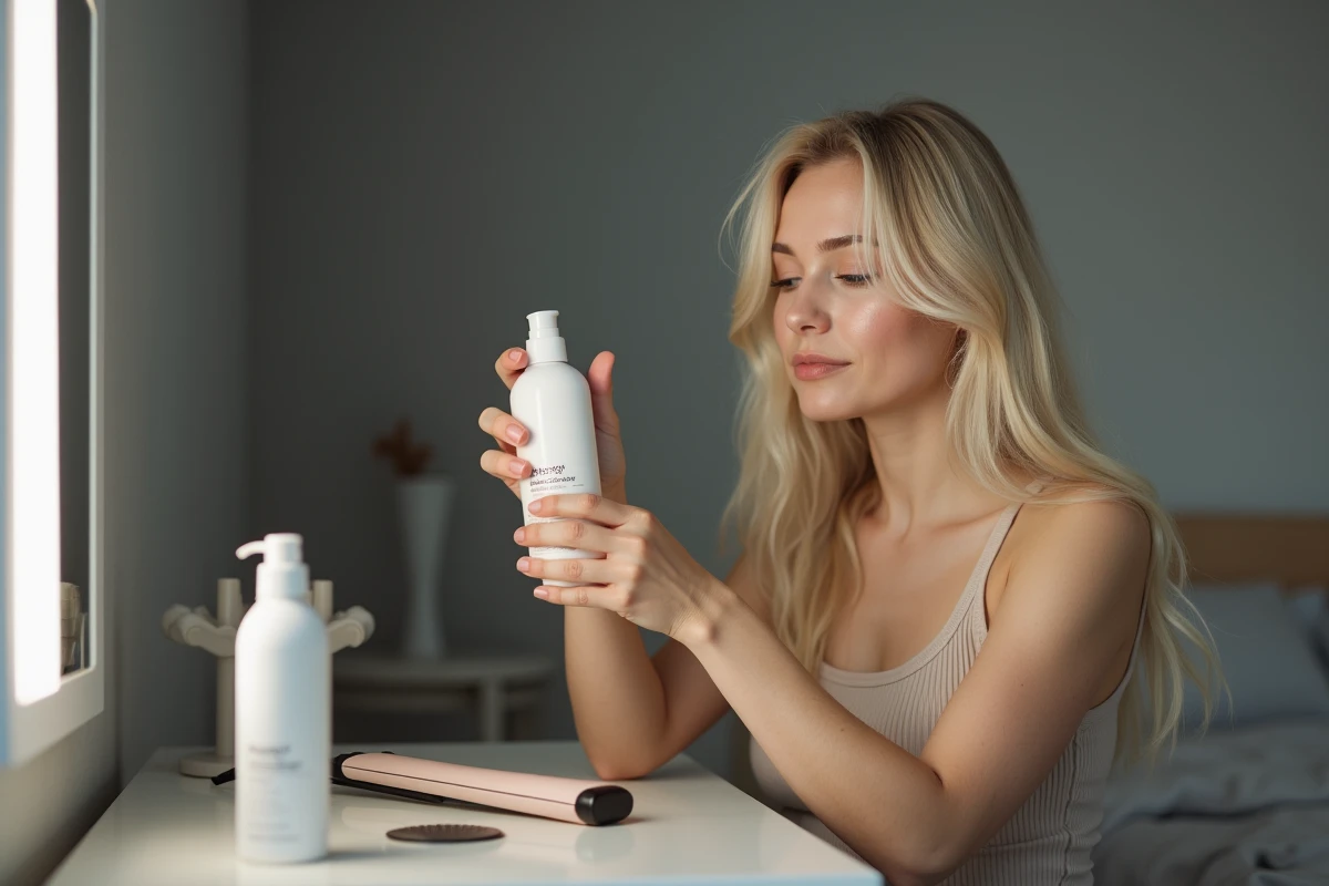 Femme aux cheveux fins et lisses utilisant un spray protecteur thermique avant l'utilisation d'un lisseur