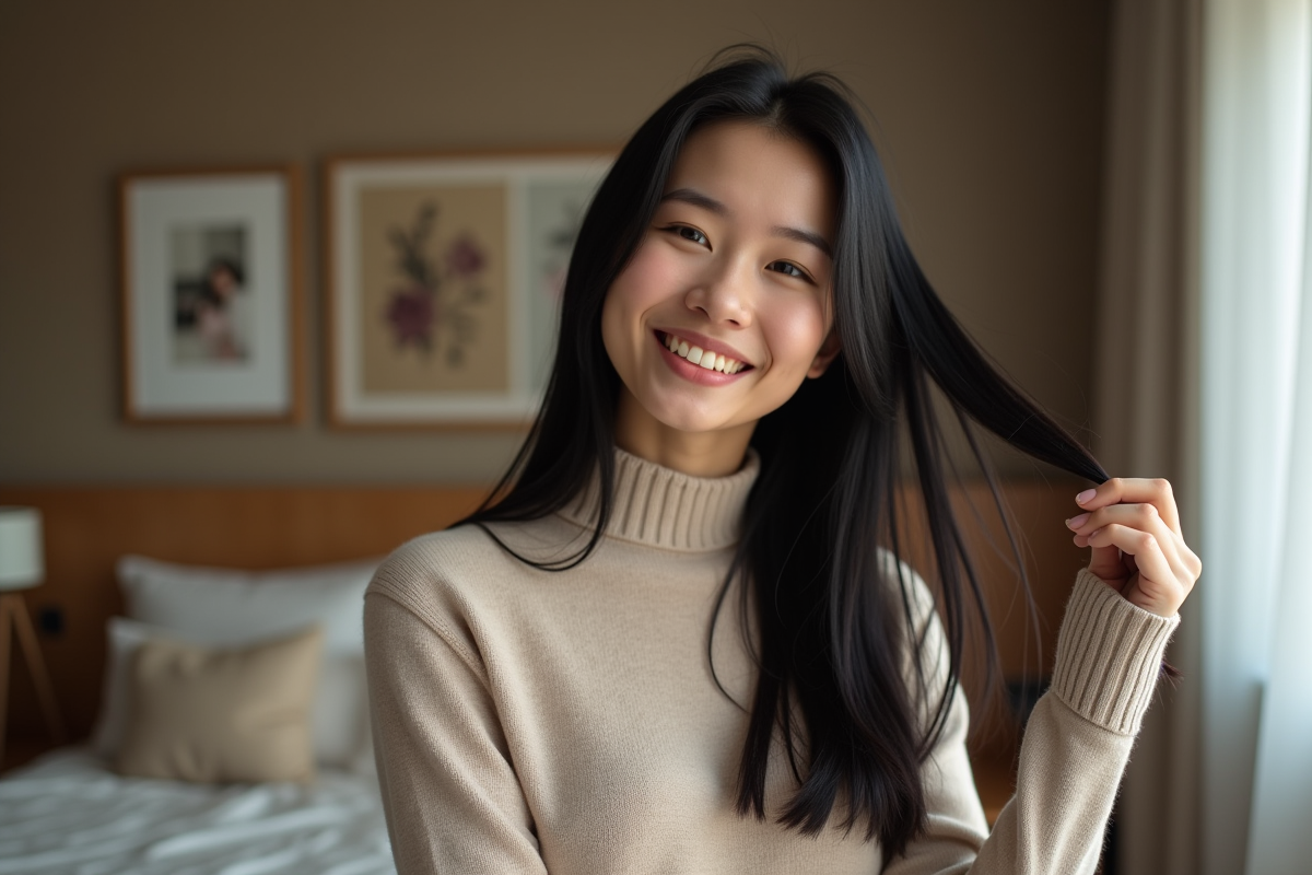 Femme souriante regardant son reflet dans un miroir de chambre