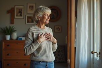Femme d'âge moyen se regardant dans un miroir dans une chambre chaleureuse