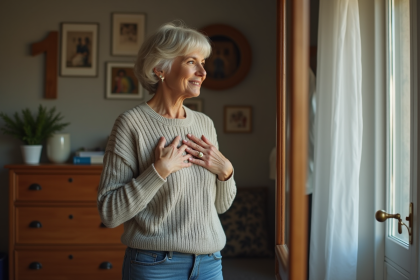 Femme d'âge moyen se regardant dans un miroir dans une chambre chaleureuse