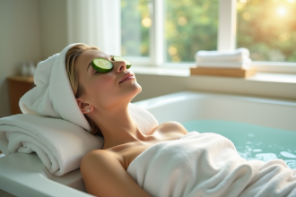 Femme détendue dans un spa moderne avec concombre sur les yeux