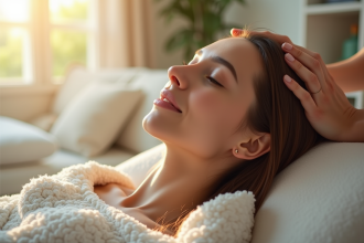 Jeune femme détendue recevant un massage du cuir chevelu