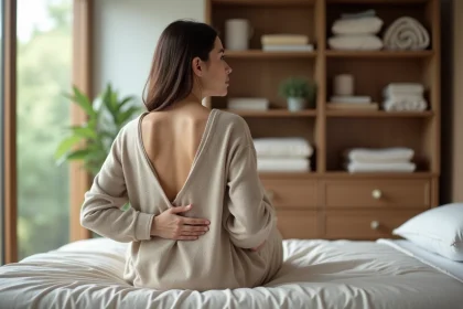 Femme en sweater beige dans une chambre moderne et apaisante