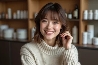 Femme souriante dans un salon moderne et chaleureux