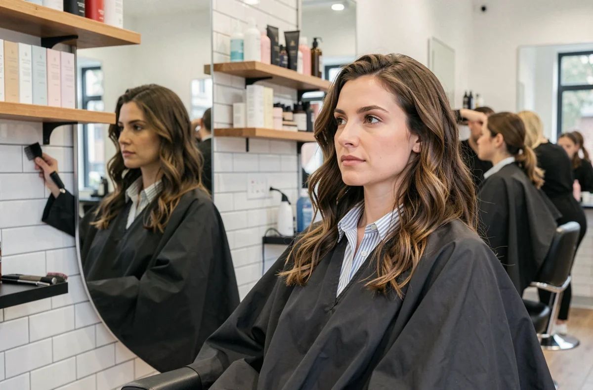 Femme en salon de coiffure analysant la forme de son visage dans un miroir pour trouver la coupe idéale