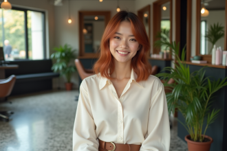 Femme élégante avec coupe asymetrique et reflets cuivres