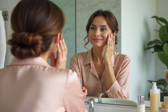 Femme élégante appliquant soin anti-ride devant miroir